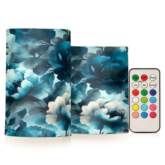 2 PCS Flameless Candles with Remote Timer LED Battery Operated Flickering Candle Light for Wedding Table Home Decoration Gifts Teal Elegant Floral Pattern