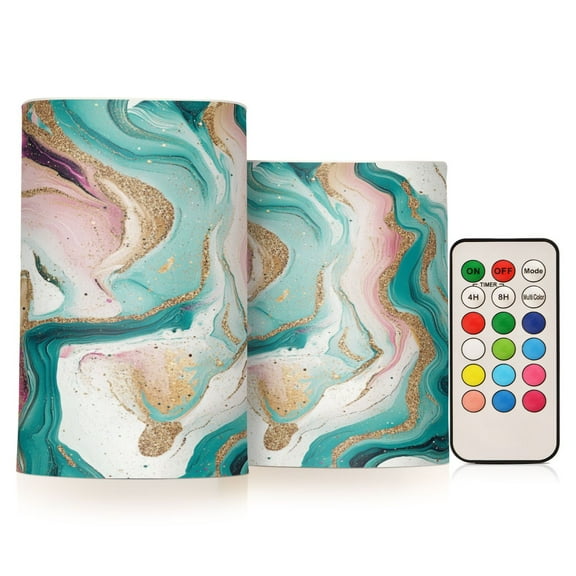 2 PCS Flameless Candles with Remote Timer LED Battery Operated Flickering Candle Light for Wedding Table Home Decoration Gifts Teal Swirling Marble Pattern
