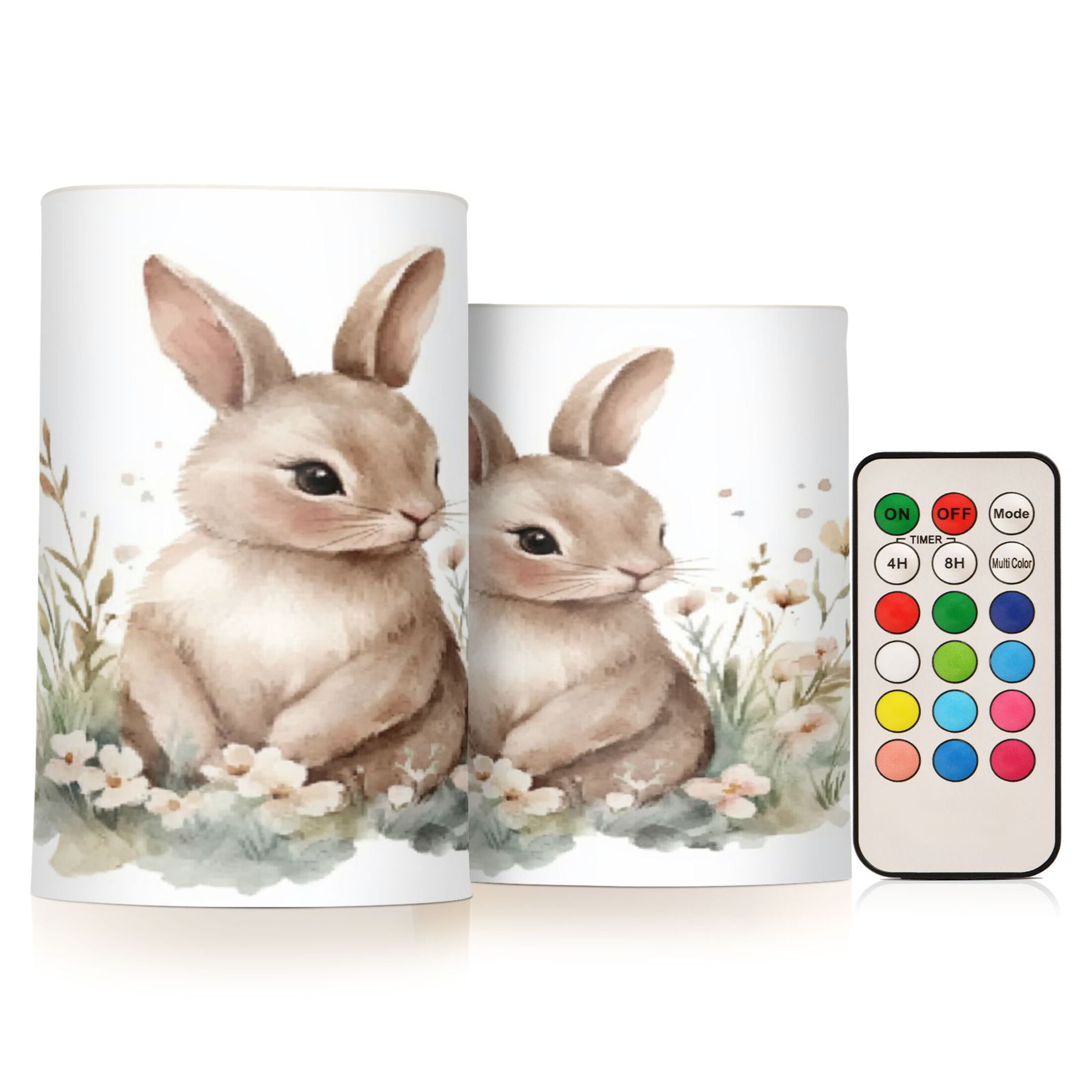 2 PCS Flameless Candles with Remote Timer LED Battery Operated Flickering Candle Light for Wedding Table Home Decoration Gifts Watercolor Bunny in Floral
