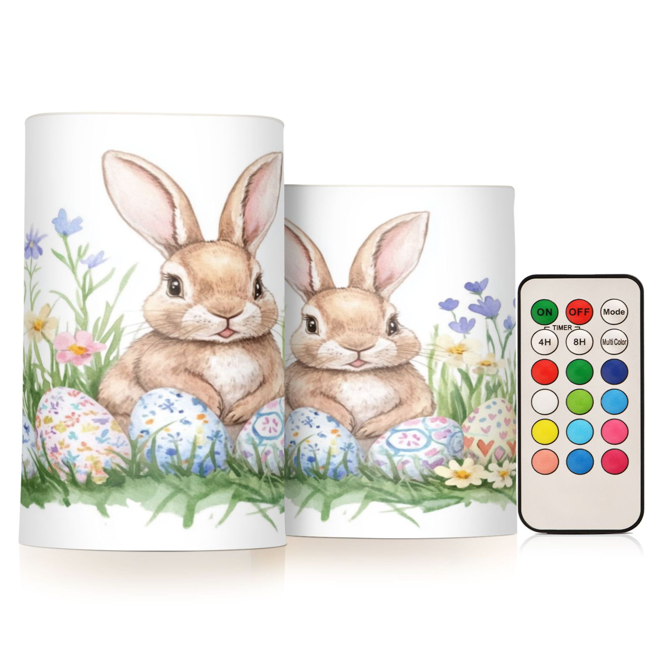 2 PCS Flameless Candles with Remote Timer LED Battery Operated Flickering Candle Light for Wedding Table Home Decoration Gifts Watercolor Easter Bunny Pattern