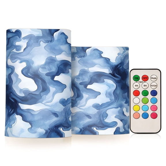 2 PCS Flameless Candles with Remote Timer LED Battery Operated Flickering Candle Light for Wedding Table Home Decoration Gifts Watercolor Indigo Waves