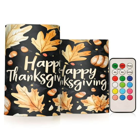 2 PCS Flameless Candles with Remote Timer LED Battery Operated Flickering Candle Light for Wedding Table Home Decoration Gifts Yellow Watercolor Leaves Pattern