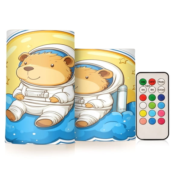 2 PCS Flameless Candles with Remote Timer LED Battery Operated Flickering Candle Light for Wedding Table Home Decoration Gifts Astronaut Capibara