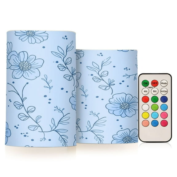 2 PCS Flameless Candles with Remote Timer LED Battery Operated Flickering Candle Light for Wedding Table Home Decoration Gifts Blue Floral Doodle