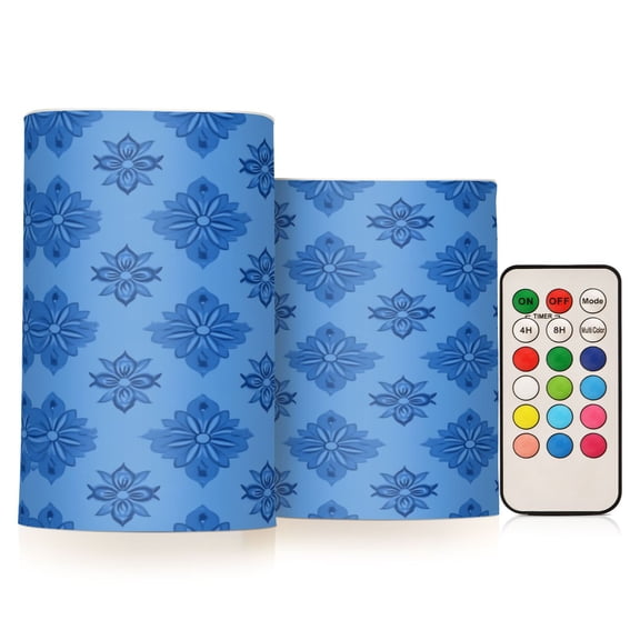2 PCS Flameless Candles with Remote Timer LED Battery Operated Flickering Candle Light for Wedding Table Home Decoration Gifts Blue Floral Motif