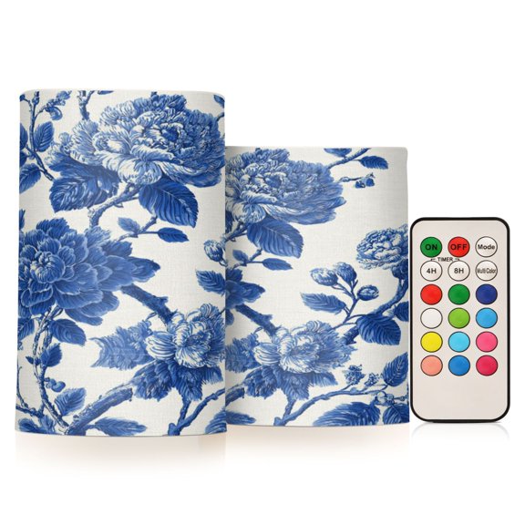 2 PCS Flameless Candles with Remote Timer LED Battery Operated Flickering Candle Light for Wedding Table Home Decoration Gifts Blue Floral