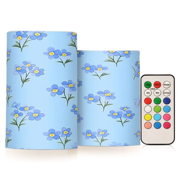 2 PCS Flameless Candles with Remote Timer LED Battery Operated Flickering Candle Light for Wedding Table Home Decoration Gifts Blue Flowers Pattern