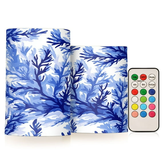 2 PCS Flameless Candles with Remote Timer LED Battery Operated Flickering Candle Light for Wedding Table Home Decoration Gifts Blue Pine Boughs