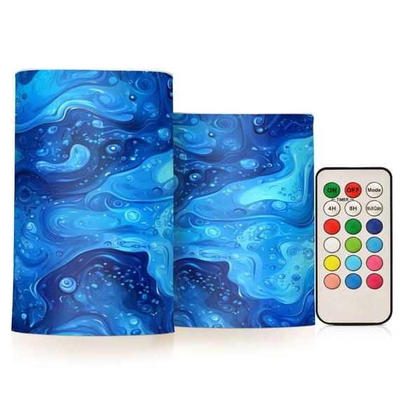 2 PCS Flameless Candles with Remote Timer LED Battery Operated Flickering Candle Light for Wedding Table Home Decoration Gifts Blue Water Texture