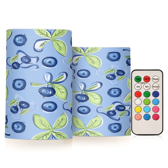 2 PCS Flameless Candles with Remote Timer LED Battery Operated Flickering Candle Light for Wedding Table Home Decoration Gifts Blueberry and Ribbon