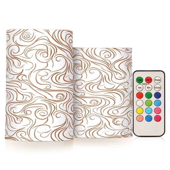 2 PCS Flameless Candles with Remote Timer LED Battery Operated Flickering Candle Light for Wedding Table Home Decoration Gifts Brown Swirling Lines