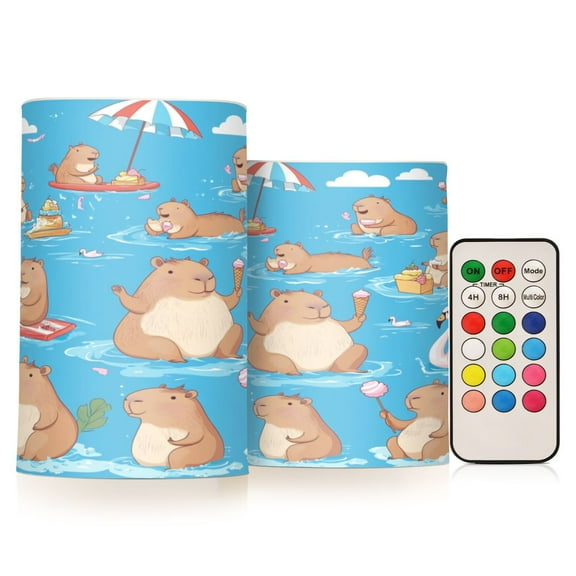 2 PCS Flameless Candles with Remote Timer LED Battery Operated Flickering Candle Light for Wedding Table Home Decoration Gifts Capybaras Pattern