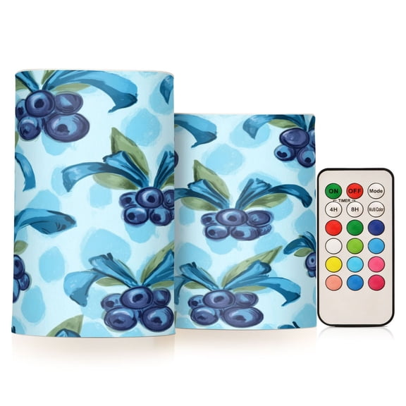 2 PCS Flameless Candles with Remote Timer LED Battery Operated Flickering Candle Light for Wedding Table Home Decoration Gifts Cute Blueberry Pattern