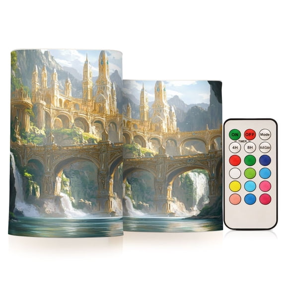 2 PCS Flameless Candles with Remote Timer LED Battery Operated Flickering Candle Light for Wedding Table Home Decoration Gifts Fantasy City Bridge
