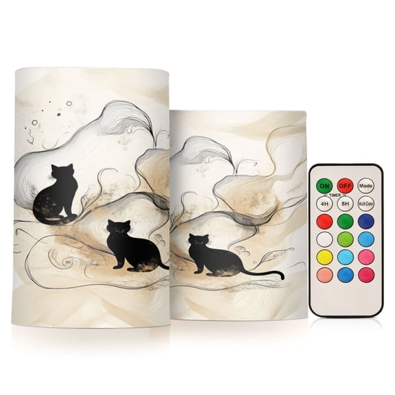 2 PCS Flameless Candles with Remote Timer LED Battery Operated Flickering Candle Light for Wedding Table Home Decoration Gifts Ink Painting Style Cat