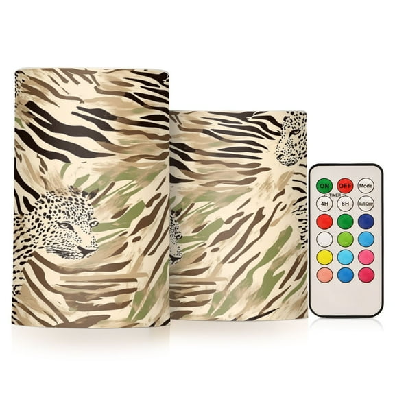 2 PCS Flameless Candles with Remote Timer LED Battery Operated Flickering Candle Light for Wedding Table Home Decoration Gifts Leopard Print Pattern