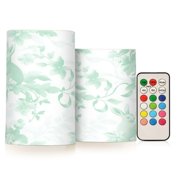 2 PCS Flameless Candles with Remote Timer LED Battery Operated Flickering Candle Light for Wedding Table Home Decoration Gifts Mint Green Rabbits