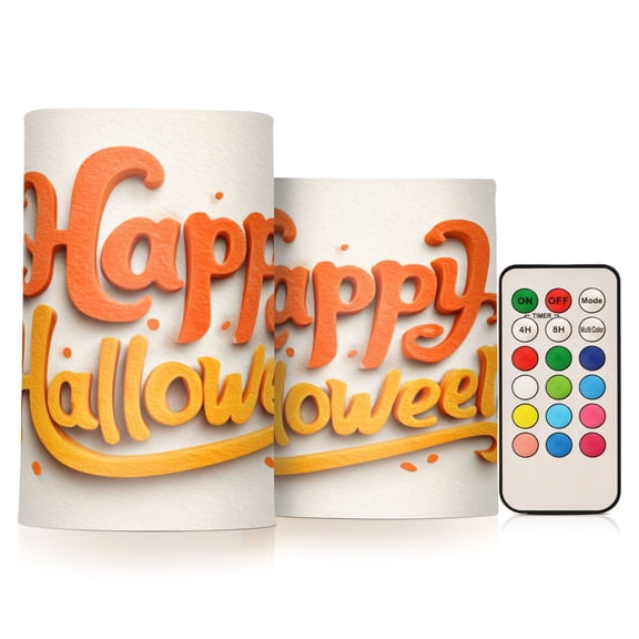 2 PCS Flameless Candles with Remote Timer LED Battery Operated Flickering Candle Light for Wedding Table Home Decoration Gifts Orange Halloween Font