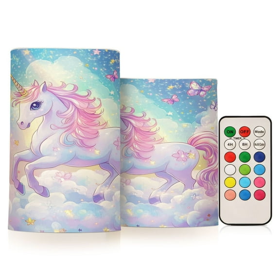 2 PCS Flameless Candles with Remote Timer LED Battery Operated Flickering Candle Light for Wedding Table Home Decoration Gifts Rainbow Colors Unicorn
