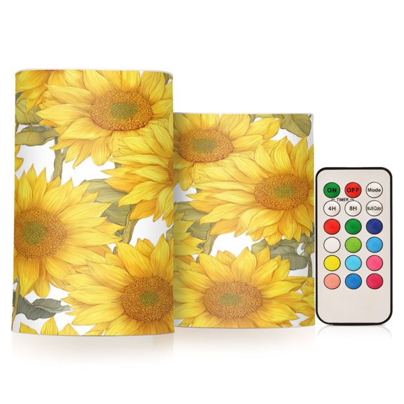 2 PCS Flameless Candles with Remote Timer LED Battery Operated Flickering Candle Light for Wedding Table Home Decoration Gifts Sunflowers Pattern