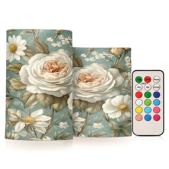 2 PCS Flameless Candles with Remote Timer LED Battery Operated Flickering Candle Light for Wedding Table Home Decoration Gifts Vintage Floral Pattern