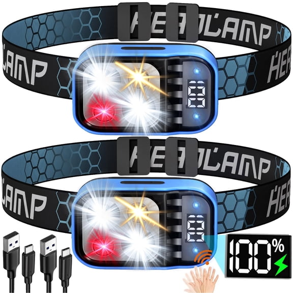 2 PCS Flashlight 1500 Lumen Headlamp Bright LED White Red Warm Light, Rechargeable Headlight Waterproof Motion Sensor, Camping Essentials, Hiking Survival Gear, Fishing, Emergency Supplies, Blue