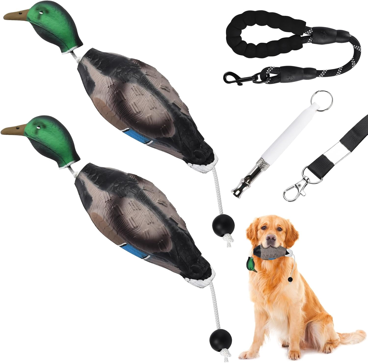 2 PCS Floatable Realistic Duck Dummy for Dog Retriever Training, Hunting Dog Recognition Trainers, Waterfowl Training Dummy, Interactive Foam Pet Toys with Whistle & Leash,Duck Toy for Dogs