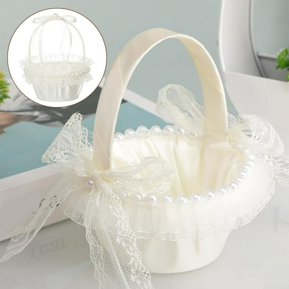 2 PCS Flower Girl Baskets White Lace Flower Basket with Silk Rose Flower and Pearl Hand Woven Ivory Satin Wedding Basket for Anniversary Wedding Banquet Party Supplies (white)