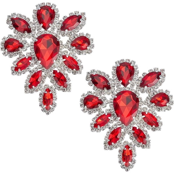 2 PCS Flower Rhinstone Applique 3.1x2.5x0.3 inch Teardrop Shape Applique Red Rhinestone with Metal Back Wedding Floral Rhinestone Patches for DIY