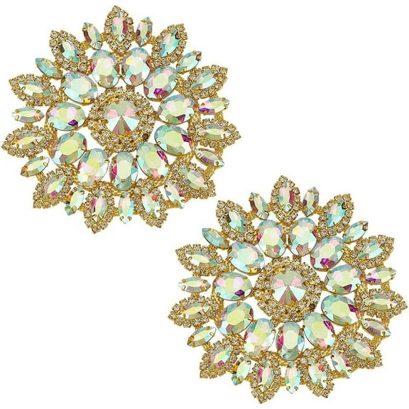 2 PCS Flower-Shaped Rhinestone Applique 4.4inch Clear AB Glitter Rhinestone Beaded Sew on Patches Flat Back Rhinestone Embellishments for Buttons DIY Crafts Wedding Clothes Decorations Clear AB