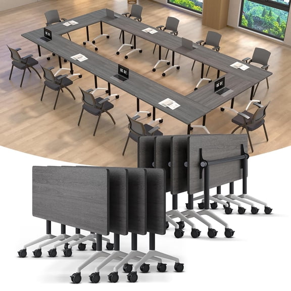 2 PCS Folding Conference Table on Wheels,47.2 IN Modular Flip-Top Conference Room Table for 6–12 People, Mobile Training & Meeting Table for Office Classroom School, Space-Saving Design(Gray)