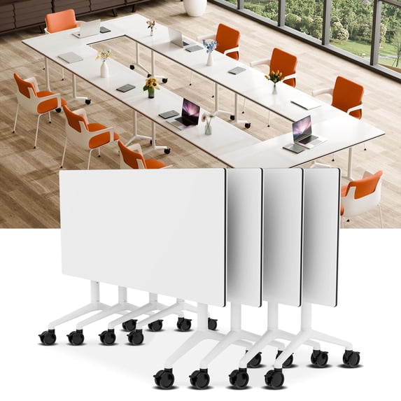 2 PCS Folding Conference Table on Wheels,47.2 IN Modular Flip-Top Conference Room Table for 6–12 People, Mobile Training & Meeting Table for Office Classroom School, Space-Saving Design
