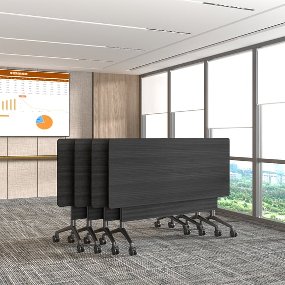 2 PCS Folding Conference Table on Wheels,55.1 IN Modular Flip-Top Conference Room Table for 6–12 People, Mobile Training & Meeting Table for Office Classroom School, Space-Saving Design(Black)