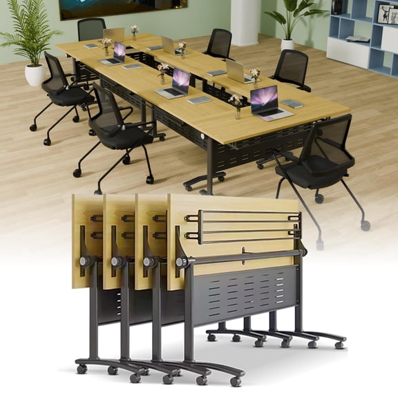 2 PCS Folding Conference Table on Wheels,55.1 IN Modular Flip-Top Conference Room Table for 6–12 People, Mobile Training & Meeting Table for Office Classroom School, Space-Saving Design(Maple)