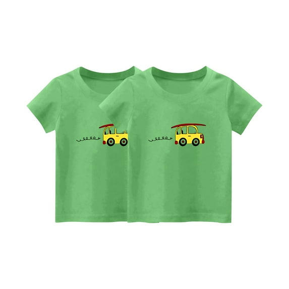 2 PCS Girls Cute T-Shirt Kids Summer Short Sleeve Tops Car Casual Cotton Crew Neck Graphic Tees Loose Blouses Vacation, Green, 6 Years