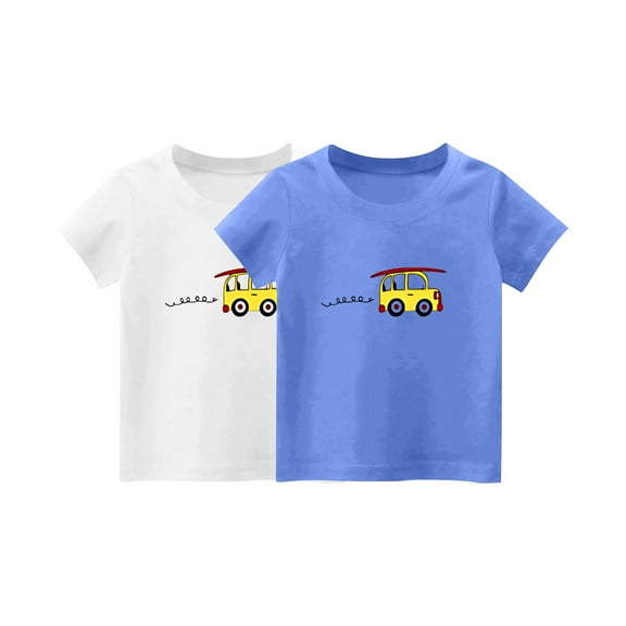 2 PCS Girls Cute T-Shirt Kids Summer Short Sleeve Tops Car Casual Cotton Trendy Crew Neck Graphic Tees Loose Blouses, White/Blue, 10 Years