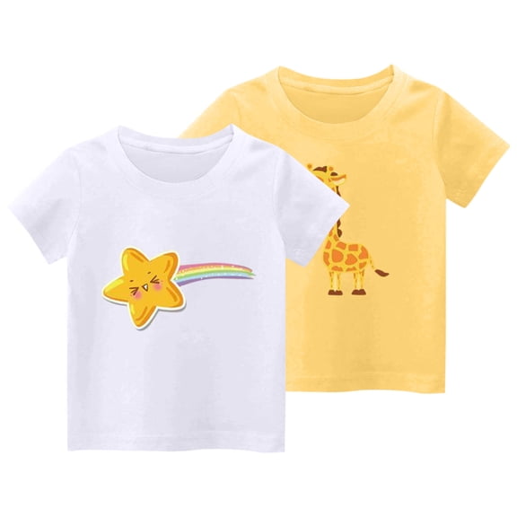 2 PCS Girls Cute T-Shirt Kids Summer Short Sleeve Tops Casual Cotton Trendy Crew Neck Graphic Tees Loose Blouses, Yellow/White, 9 Years