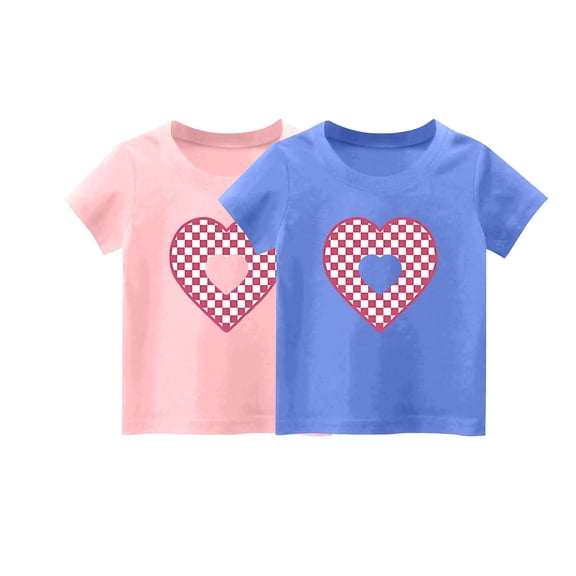 2 PCS Girls Cute T-Shirt Kids Summer Short Sleeve Tops Heart Casual Cotton Crew Neck Graphic Tees Loose Blouses Vacation, Pink/Blue, 6 Years