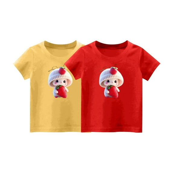 2 PCS Girls Cute T-Shirt Kids Summer Short Sleeve Tops Rabbit Casual Cotton Trendy Crew Neck Graphic Tees Loose Blouses, Red/Yellow, 1 Years