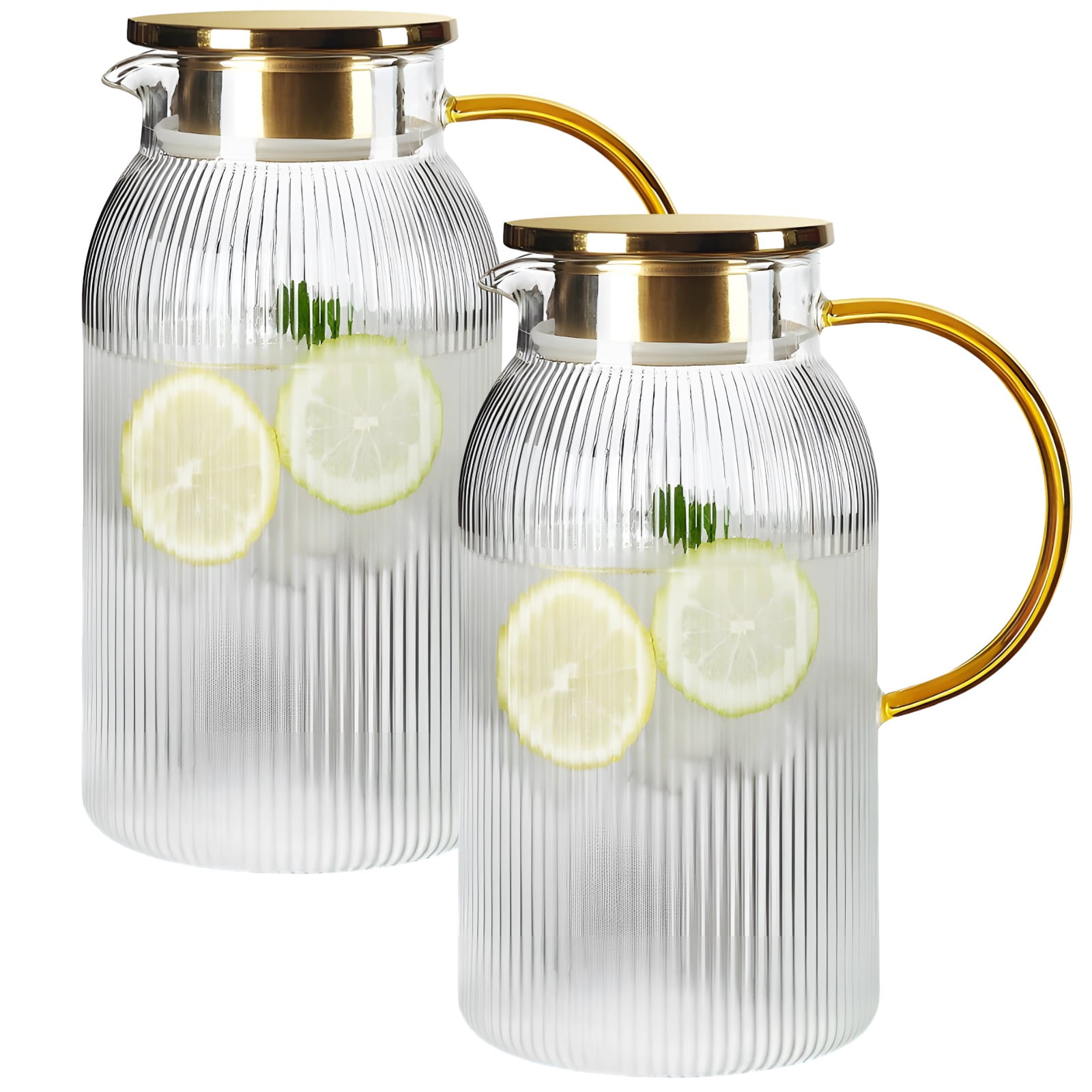 2 PCS Glass Pitcher with Lid, 64 oz Heat Resistant Borosilicate Carafe, Vertical Stripe Water Pitcher for Iced Tea, Juice, Lemonade, Coffee, Milk, Cold Brew, Fridge Beverage Server