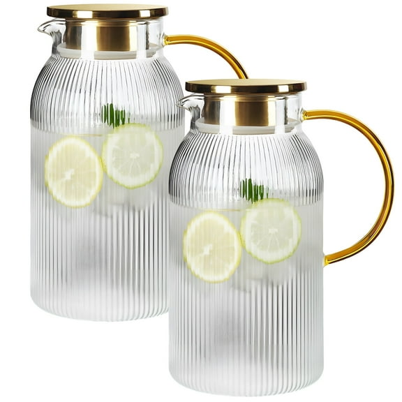 2 PCS Glass Pitcher with Lid, 64 oz Heat Resistant Borosilicate Carafe, Vertical Stripe Water Pitcher for Iced Tea, Juice, Lemonade, Coffee, Milk, Cold Brew, Fridge Beverage Server