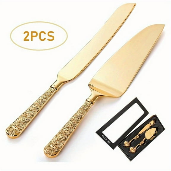 2 PCS Gold Cake Knife and Server Set, Wedding Cake Cutting Utensils, Vintage Engraved Cake Cutter and Serving Spatula for Birthday,Anniversary, Vibrant Gold