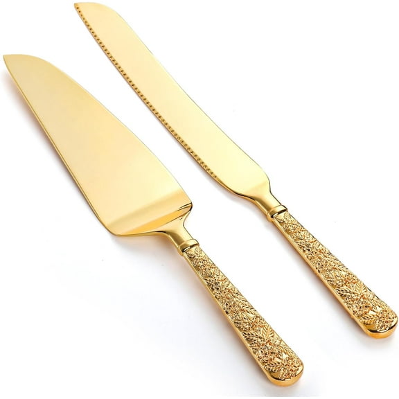 2 PCS Gold Cake Knife and Server Set, Wedding Cake Cutting Utensils, Vintage Engraved Cake Cutter and Serving Spatula for Birthday, Party, Anniversary