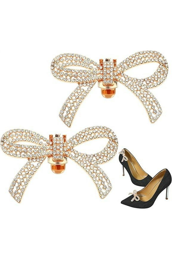 2 PCS Gold Rhinestone Shoe Clips,Detachable Bow Shoe Clips,Classic Crystal Bows for Heels,Fashion Bridal Wedding Shoe Accessories,Elegant Bow Clips for Flat Shoes/Clothes/Hats