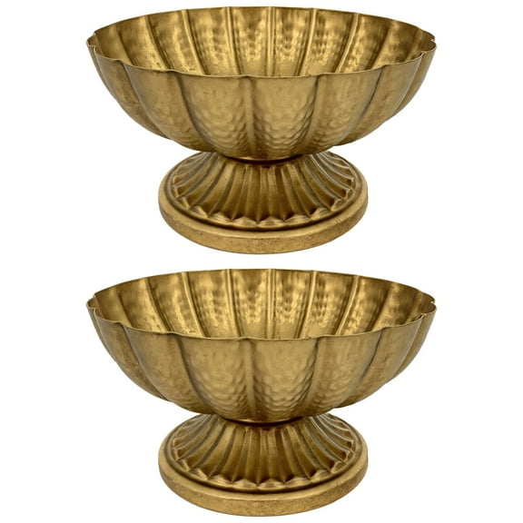 2 PCS Golden Compote Bowl for Centerpiece, Retro Style Metal Pumpkin Bowl Decor for Table, 7.4 x 3.9 in Flower Vase for Christmas, Halloween, Weddings, Parties
