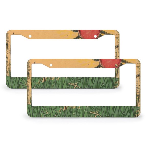 2 PCS Grassy Meadow And Sun License Plate Frames Summer Spring Floral Leaf Personalized License Plate Frame Aluminum Metal 2 Hole Fits All Car