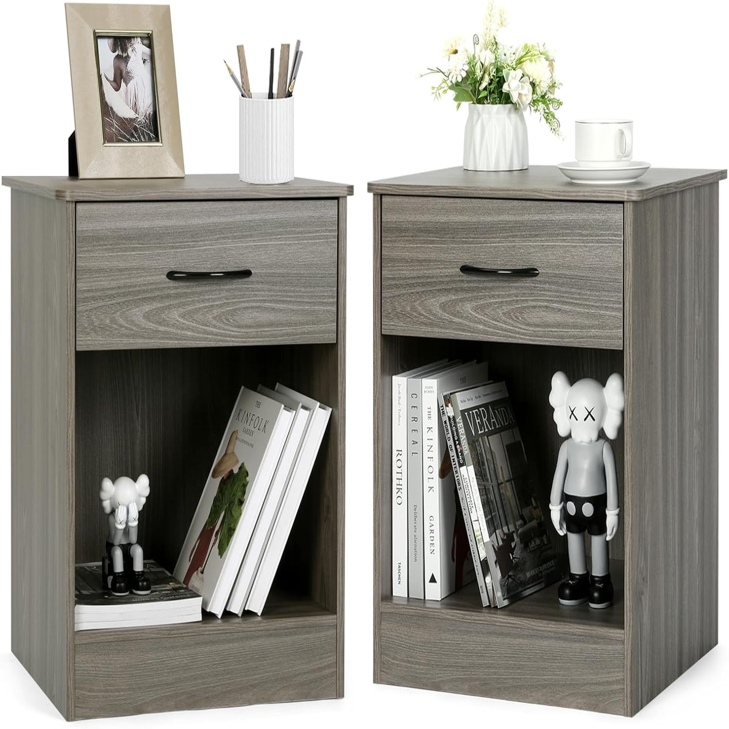 2 PCS Grey Nightstand with Drawer and Storage Shelf Bedside Table End ...