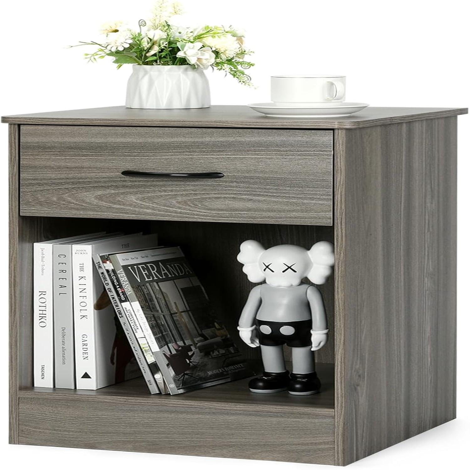 2 PCS Grey Nightstand with Drawer and Storage Shelf Bedside Table End ...
