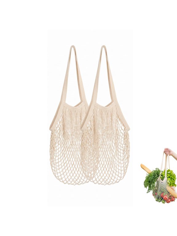 2 PCS Grocery String Bag,Net Bag,Cotton Mesh Bag,Reusable Mesh Produce bags,Shopping Bag,Washable Drawstring Net and Mesh Bags for Fruit,Vegetable and Grocery Storage,Eco-Friendly Tote and Handbag