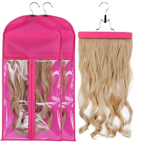 2 PCS Hair Extension Holder, Hanger with Storage Bag Hairpieces Storage Holder Wigs Carrier Case for Store Style Hair, 23.6 inches, Pink